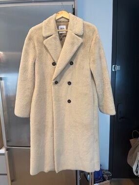 ZARA Beige Faux-Fur Double-Breasted Long Coat